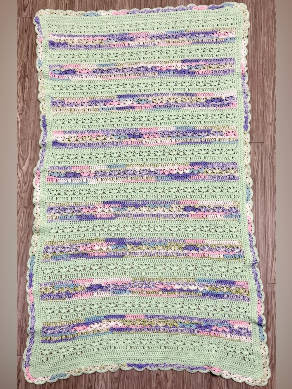 Handmade Crochet Blanket Mint Green & Pastel Mix - 64" x‎ 36" Soft Afghan Throw